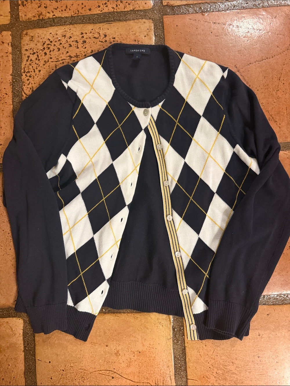 Lands' End Navy, White & Yellow Argyle Cardigan Sweater